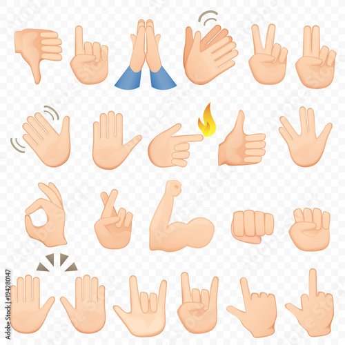 Set of cartoon hands icons and symbols. Emoji hand icons. Different hands, gestures, signals and signs, vector illustration collection.
