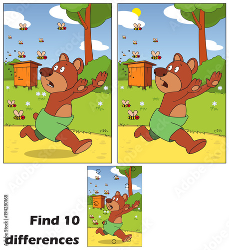 The bear runs away from the bees.Find 10 differences. Educational game for children. Cartoon vector illustration. Eps 10