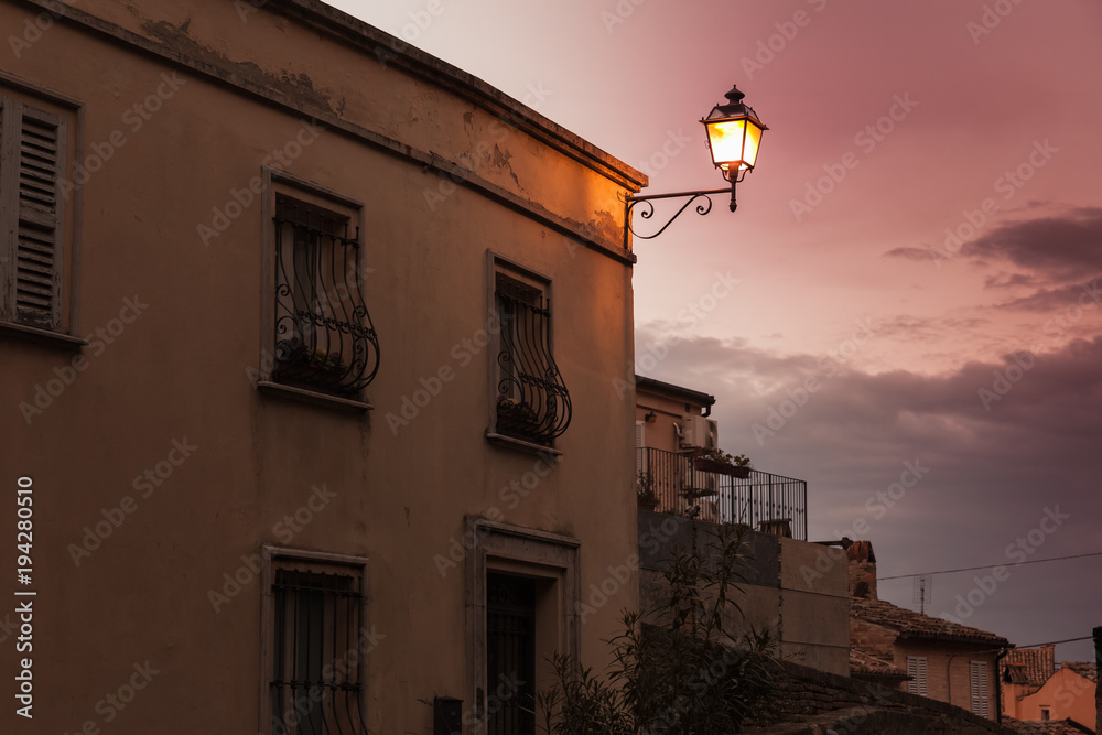 Evening street view with streetlight, Fermo Evening street view with streetlight, Fermo
