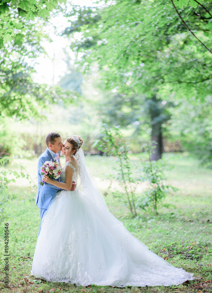Groom kisses bride's cheek tender standing with her in green park Groom kisses bride's cheek tender standing with her in green park