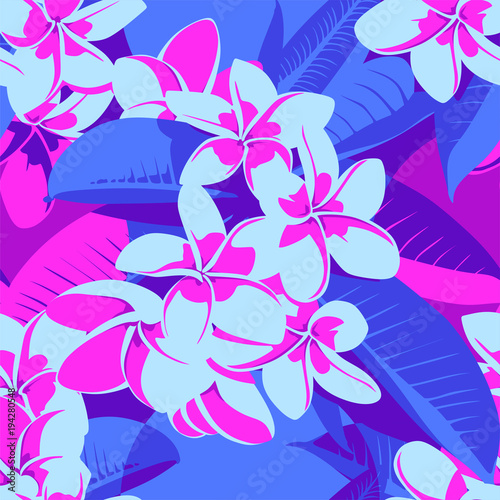 Fototapeta Naklejka Na Ścianę i Meble -  Seamless Ultraviolet Hawaiian tropical pattern with, palm leaves and flowers.