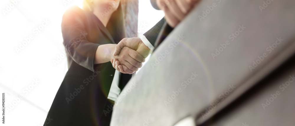 Naklejka premium Close up of businessman and businesswoman shaking hands