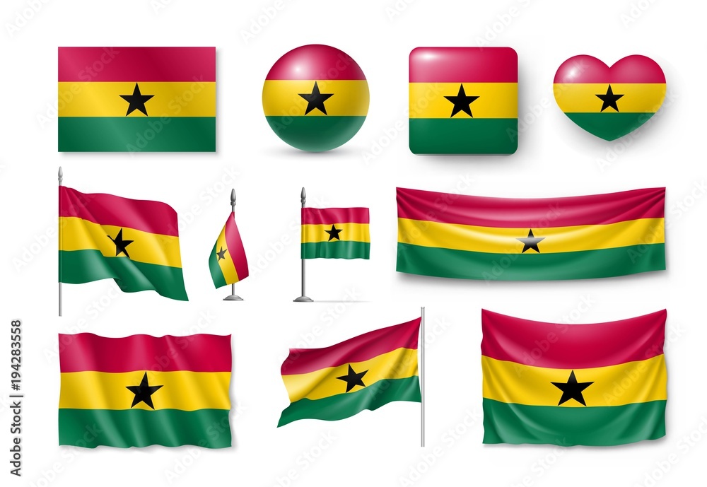 Set Ghana flags, banners, banners, symbols, Realistic icon. Vector illustration of collection of national symbols on various objects and state signs Set Ghana flags, banners, banners, symbols, Realistic icon. Vector illustration of collection of national symbols on various objects and state signs