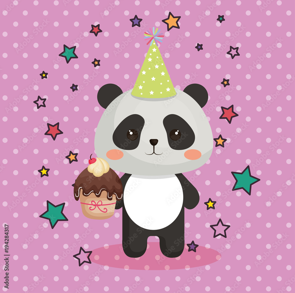 Fototapeta premium cute bear panda with cupcake kawaii birthday card vector illustration design