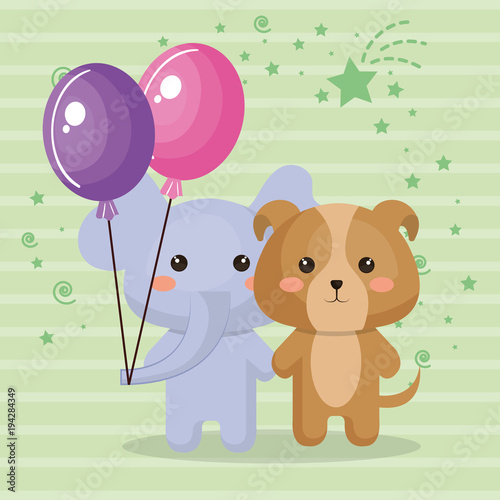 cute elephant and doggy sweet kawaii birthday card vector illustration design