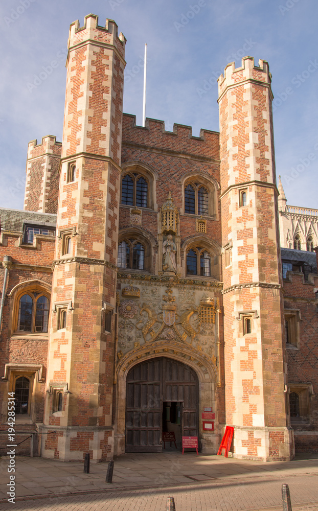 St John's College Great Gate, Cambridge, UK showing ornate carvings and figurines