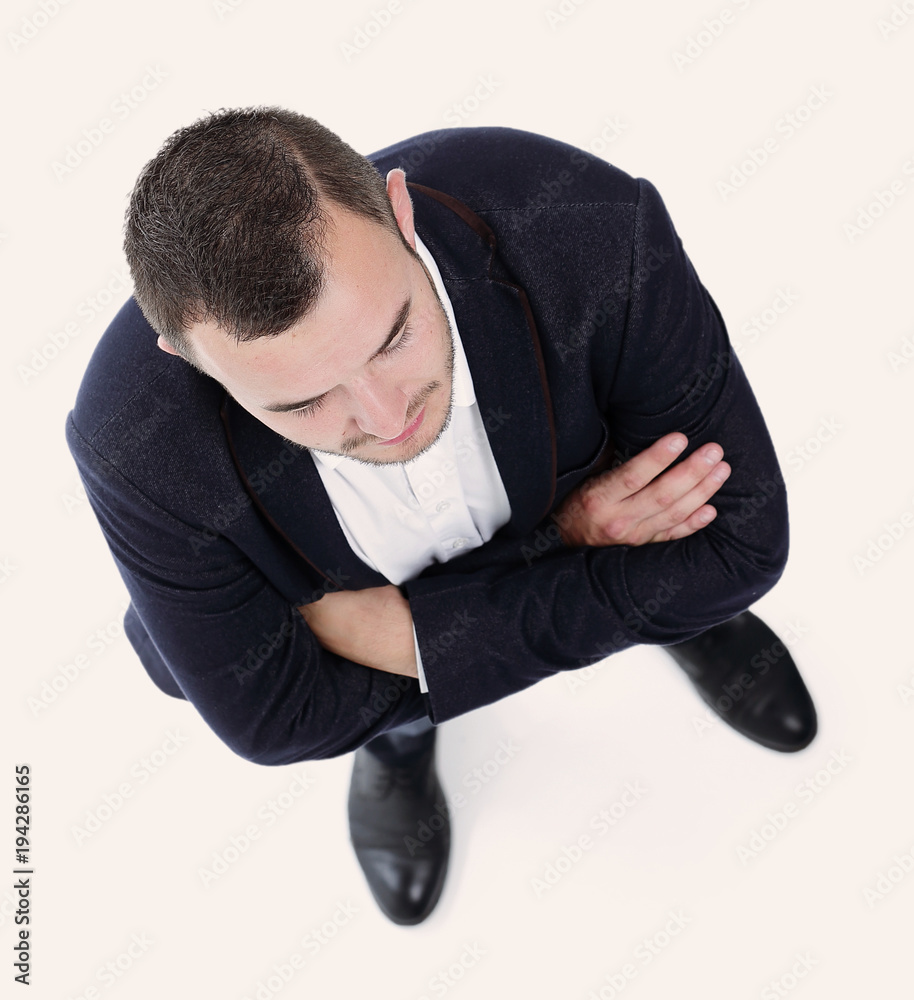top view of young businessman looking at the camera top view of young businessman looking at the camera