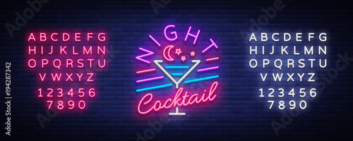 Night Cocktail is a neon sign. Cocktail Logo, Neon Style, Light Banner, Night Bright Neon Advertising for Cocktail Bar, Party, Pub. Alcohol. Vector illustration. Editing text neon sign