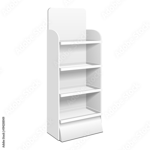 Cardboard Retail Shelves Floor Display Rack For Supermarket Blank Empty. Mock Up. 3D On White Background Isolated. Ready For Your Design. Product Advertising. Vector EPS10 photo
