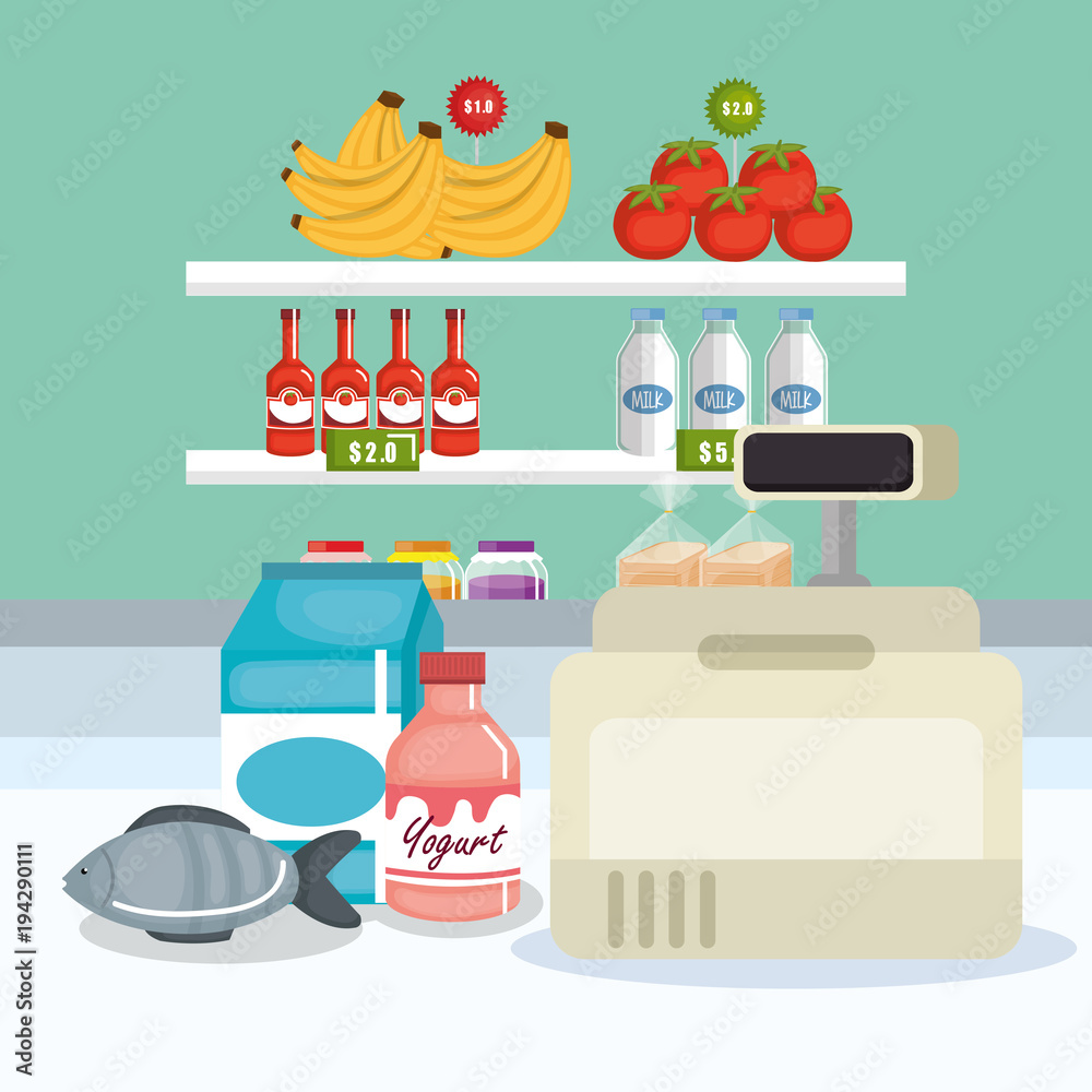 supermarket groceries with register machine vector illustration design