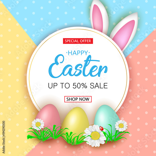 Cute Easter sale banner with flowers, Easter eggs and Rabbit ears on colorfull background. Vector