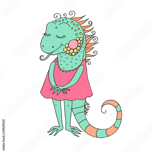 Cute iguana with closed eyes in pink dress
