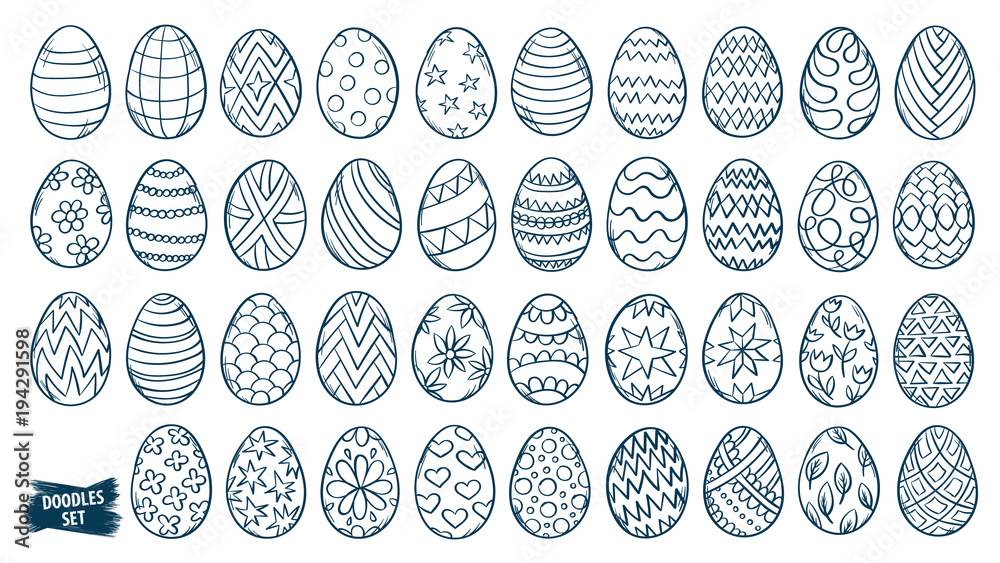 Easter eggs doodle set. Spring holiday symbols. Egg ornaments sketch. Hand drawn style scrawl. Set of simple doodles. Kids drawing. Vector collection isolated on white. Easter eggs doodle set. Spring holiday symbols. Egg ornaments sketch. Hand drawn style scrawl. Set of simple doodles. Kids drawing. Vector collection isolated on white.