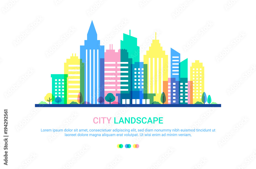 City landscape template. Flat style illustration in punchy pastels colors. Colored Buildings on white background. Cityscape background in pastel colors. Urban life.