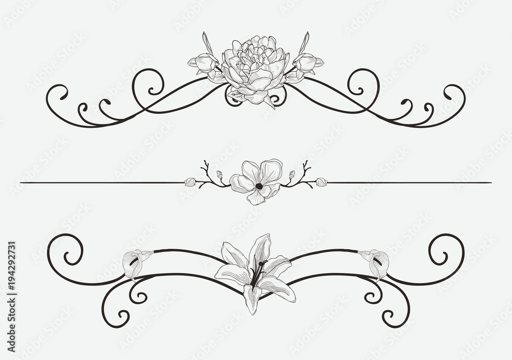 Vector Black Floral Dividers with Flowers and Swirls