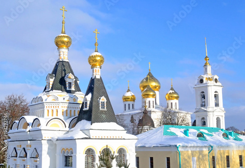 Domes of Russian Orthodox churches in Dmitrov Kremlin, Russia, Moscow region photo