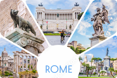 Obraz na plátně Photo collage/set of sunny Rome - Roman Forum, statue on bridge of Saint Angel, Piazza Venezia main attractions of Roma, Italy
