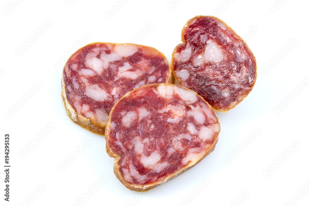 Top view macro detail of smoked salami slices, pepperoni slice, Italian prosciutto crudo ,raw ham texture isolated on white background , with clipping path. Top view macro detail of smoked salami slices, pepperoni slice, Italian prosciutto crudo ,raw ham texture isolated on white background , with clipping path.