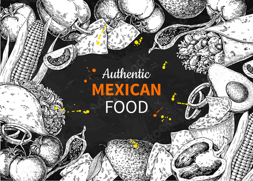 Mexican food sketch label in frame. Vector Traditional cuisines 