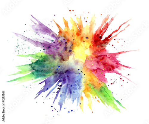 Rainbow watercolor stain in the form of an explosion on a white background, isolated with clipping path.