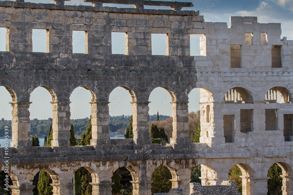 The Pula Arena, the Roman amphitheatre located in Pula, Croatia, constructed in 27 BC – 68 AD.