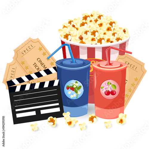Juice, Popcorn and movie tickets Vector illustration