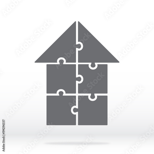 Simple icon puzzle in gray. Simple icon house puzzle of the six elements. Flat design. Vector illustration EPS10.