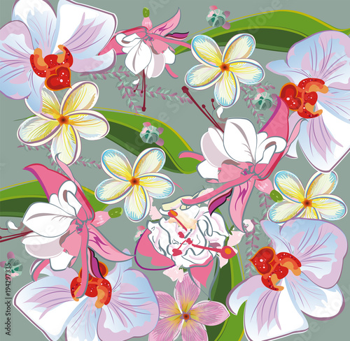 Series of greeting backgrounds with summer and spring flowers. Floral decorations with orchids and other tropical flowers. Vector illustration. 