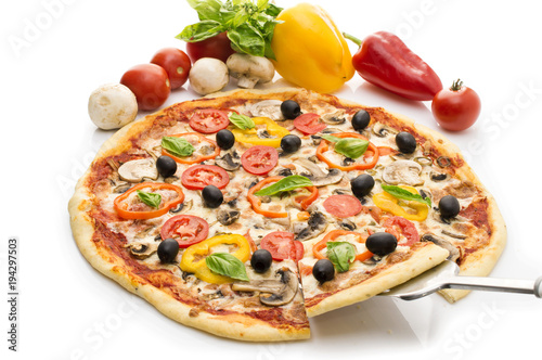 Delicious italian pizzas lifted slice 1 Isolated on white background. Pizza with ham, pepper and olives