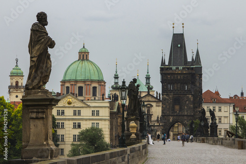 Charles Bridge in Prague in cloudy weather. Czech Republic