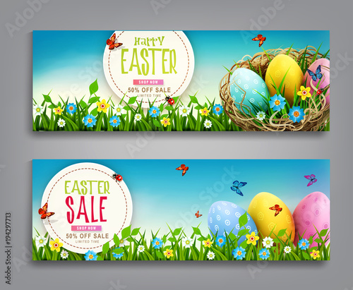 Vector set illustration. Easter vintage  sale banner, advertising round card with eggs lying in a wicker basket  and with green grass against the background of  blue sky. 