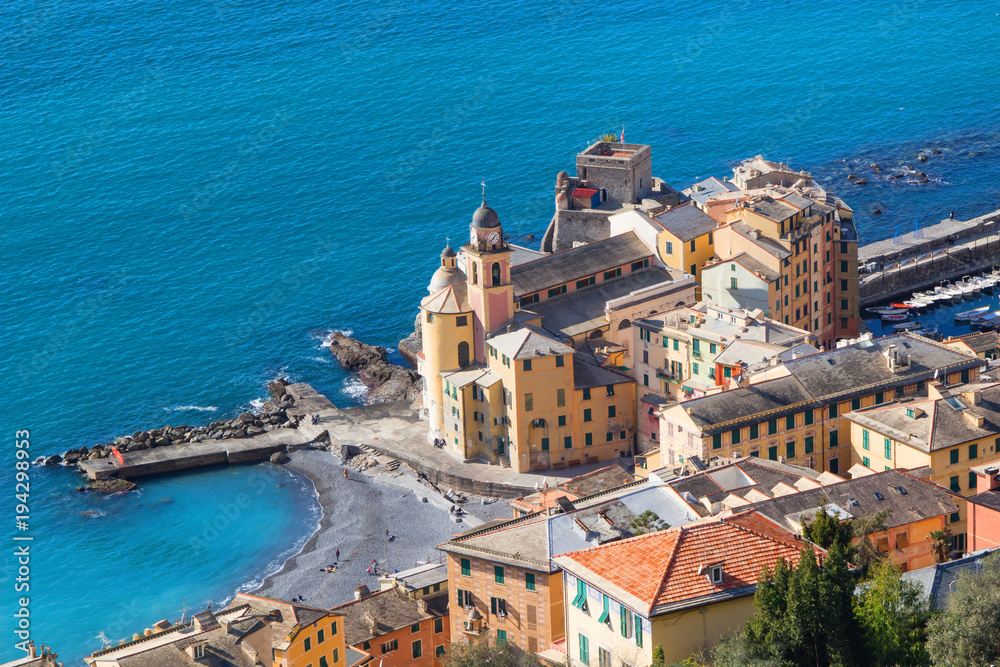 Beautiful Small town in Camogli Italy, European travel, Beautiful landscape with blue sea,sky,cityscape with bright day, Aerial view of Camogli a characteristic famous place near Genoa Italy
