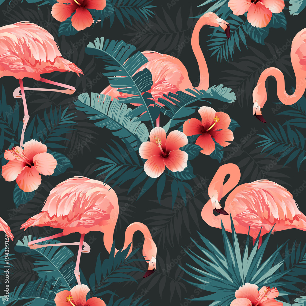 Naklejka premium Piękny ptak Flamingo i tropikalne kwiaty tło. Wektor wzór.