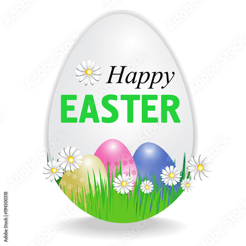 Happy Easter poster in the shape of an egg with paschal eggs isolated on white background. Vector