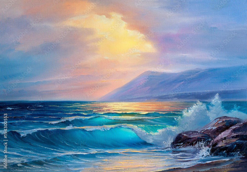 Morning on sea, wave, illustration, oil painting.