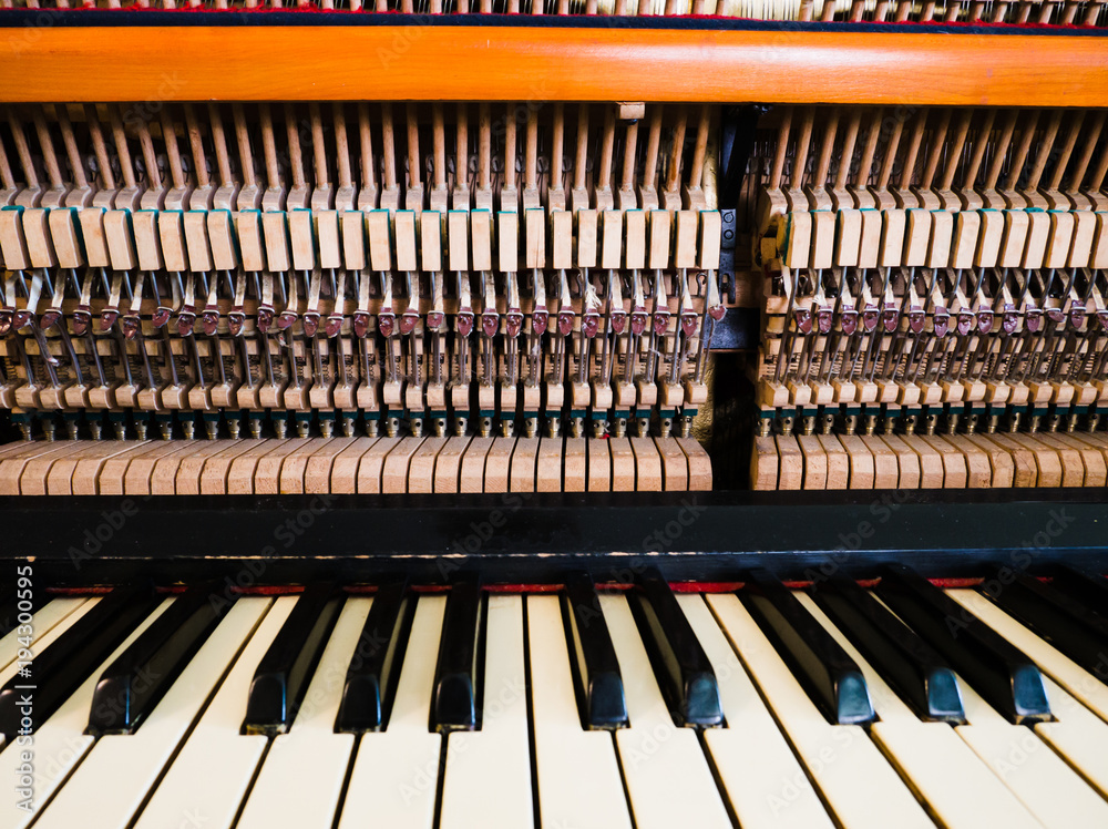 Close up image of interior of grand piano showing strings and structure Close up image of interior of grand piano showing strings and structure