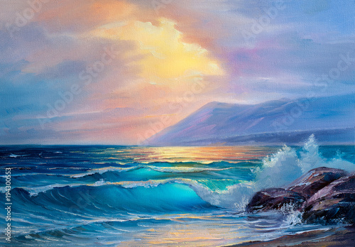 Morning on sea, wave, illustration, oil painting.
