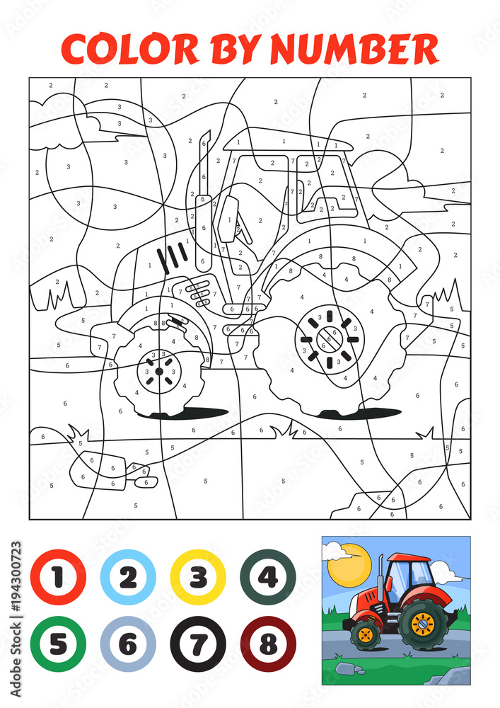Color by Number is an educational game for children. Red Tractor