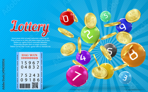 Vector lottery banner with realistic golden coins, colorful balls with numbers, bingo game background. Lotto, keno, million dollars prize, big win advertising poster. Gambling concept illustration