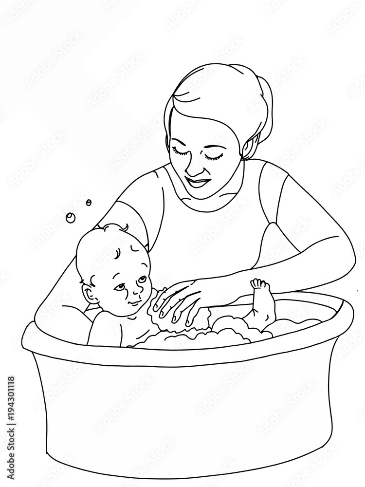 mother bathing her baby drawing Stock Illustration Adobe Stock