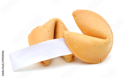 Fortune cookie with blank slip isolated on white background. photo