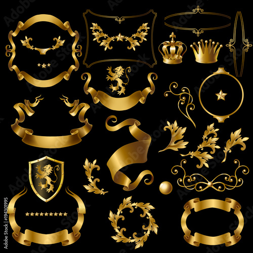 Vector set decorative golden elements, heraldic ornament, ribbons, crowns, stars, curls, branches isolated on black Vintage clipart for creation royal stickers, premium quality labels, emblems, badges