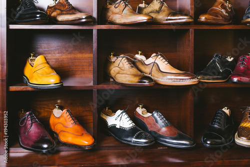Handmade shoes in shoemaker's workshop. 