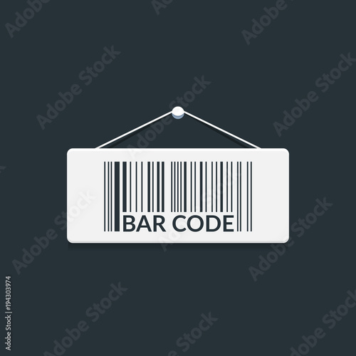 The bar code of the goods weighs on the plate with a rope and a clerical button. Illustration isolated on a dark background.