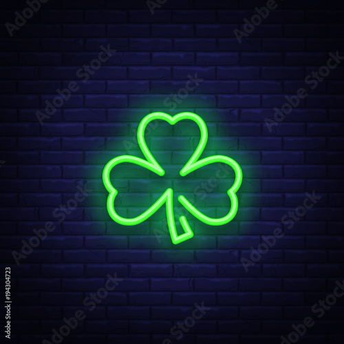 Shamrock is a neon sign. Neon icon, light symbol, web banner for your projects. Vector illustration