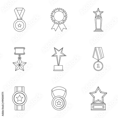 Merit icons set. Outline set of 9 merit vector icons for web isolated on white background