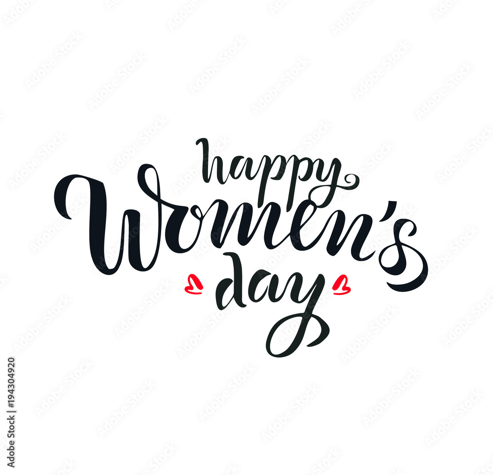 Happy Woman's Day lettering as text card invitation, template. Festivity white background. Typography poster celebration badge, tag, icon, poster, flyer. Banner on textured background. Vector illustra