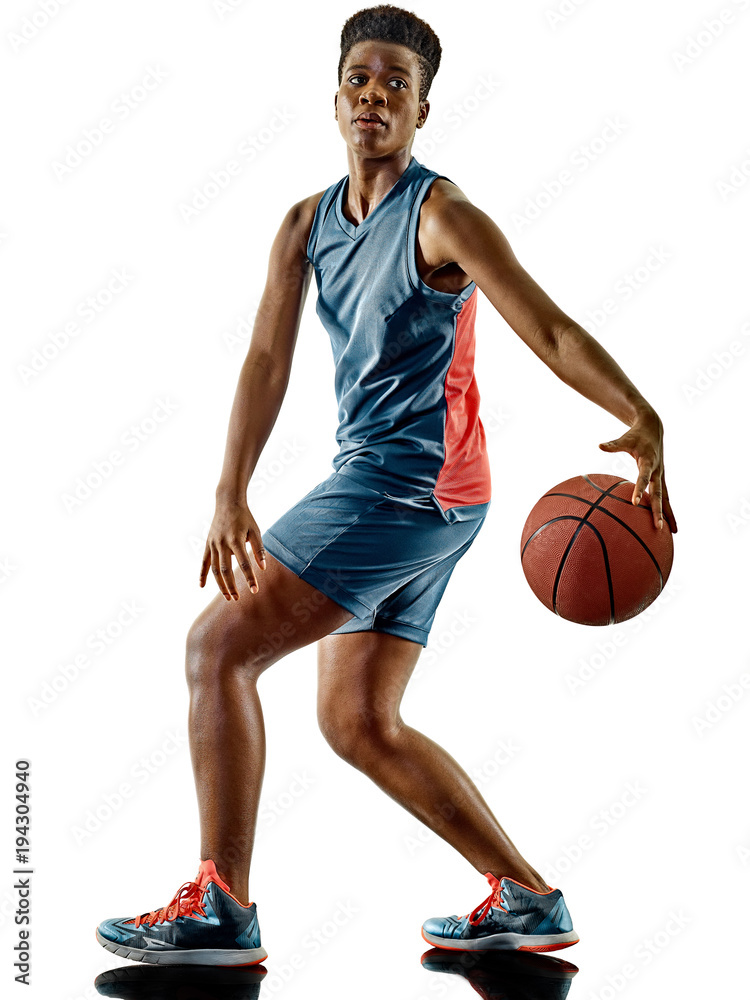 Fototapeta premium one african Basketball players woman teenager girl isolated on white background with shadows