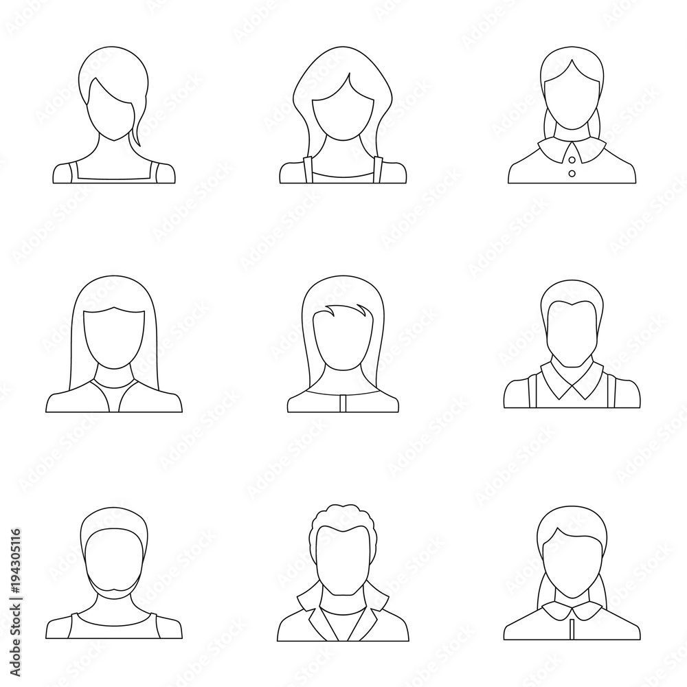Physiognomy face icons set. Outline set of 9 physiognomy face vector icons for web isolated on white background Physiognomy face icons set. Outline set of 9 physiognomy face vector icons for web isolated on white background