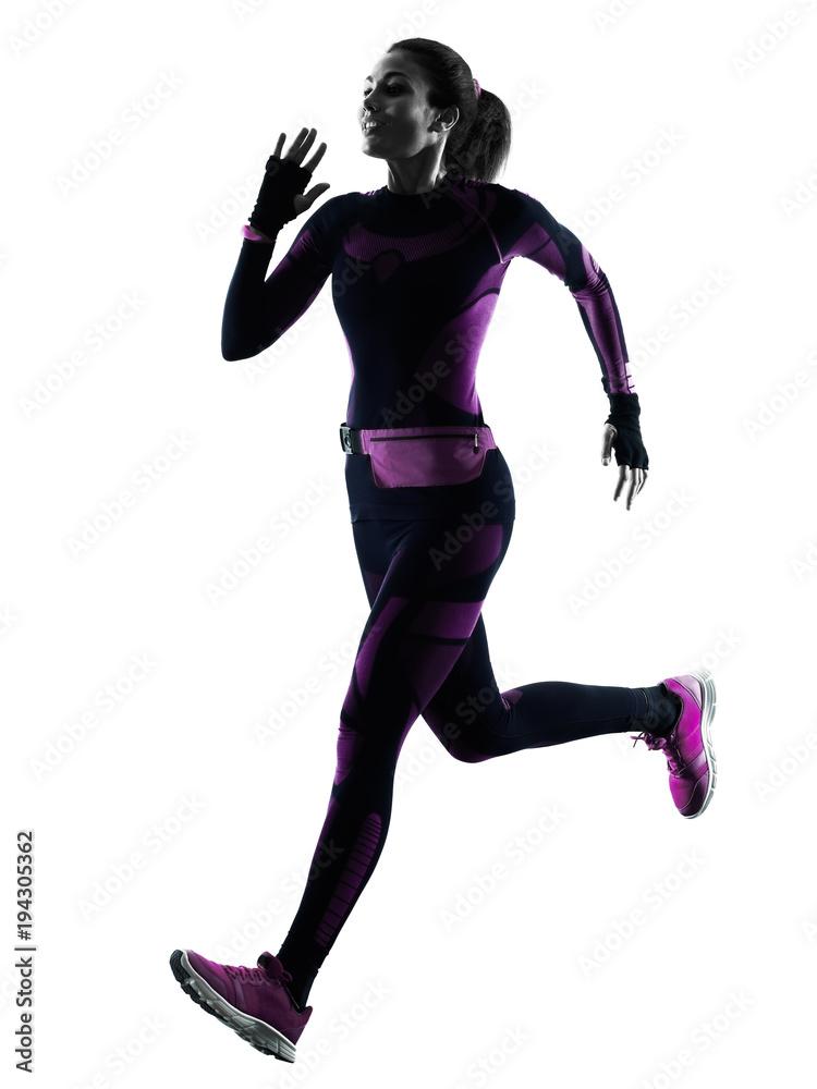 one young caucasian woman runner running jogger jogging isolated silhouette shadow on white background